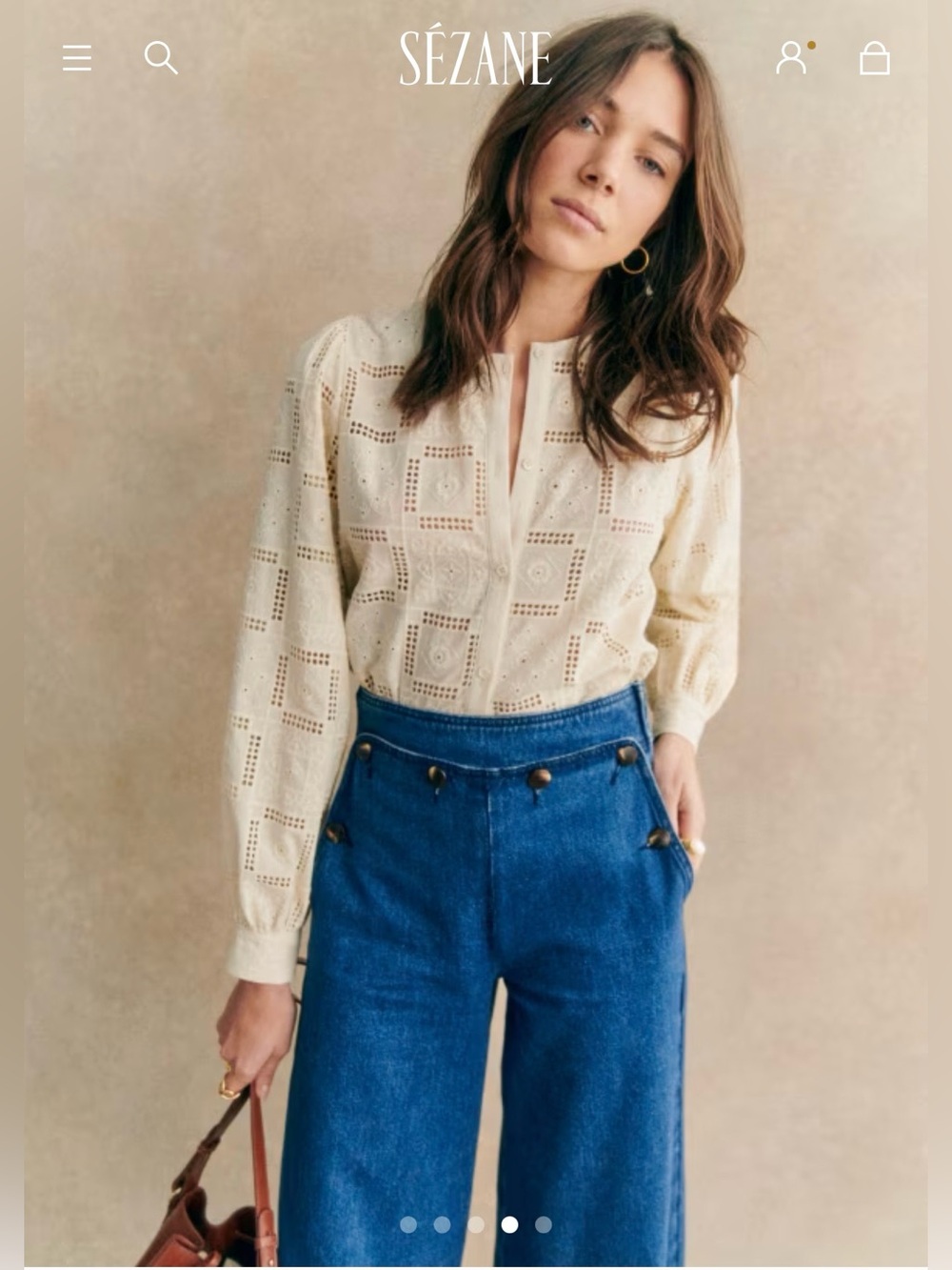 NWT Size 44/ US 12 Sezane Amerie Cream Eyelet Lace Long-Sleeve Top